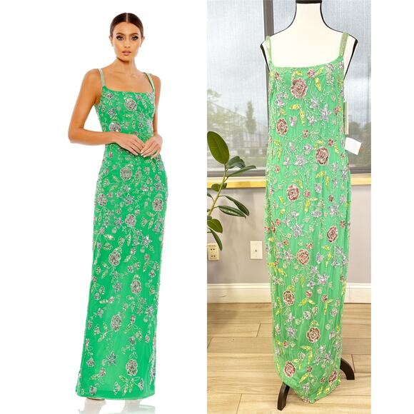HAND BEADED FLORAL GOWN WITH BEADED SPAGHETTI STRAPS Size 8